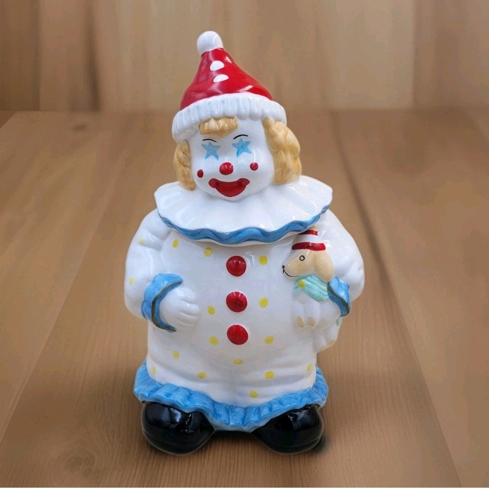 Vintage Ceramic/Porcelain Star Starry Eyed Circus Clown w/ Puppy Cookie Jar